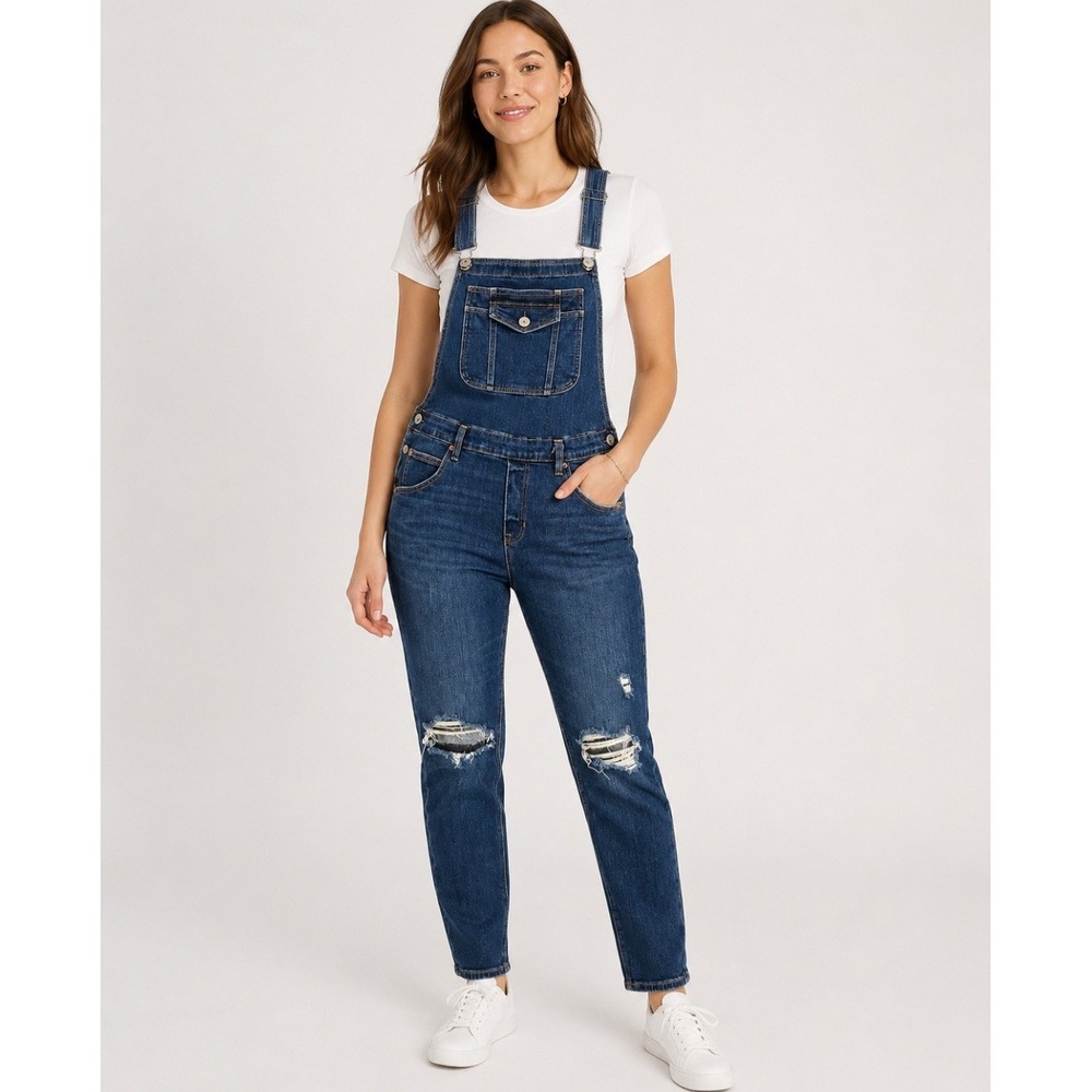 American Eagle Tomgirl Distressed Denim Overalls Medium Blue Relaxed Jean Bib